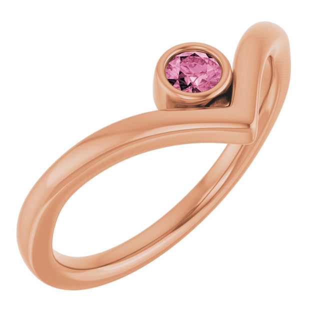 14K Gold Round Natural Pink Tourmaline Bezel-Set Solitaire V Ring - Rose Gold