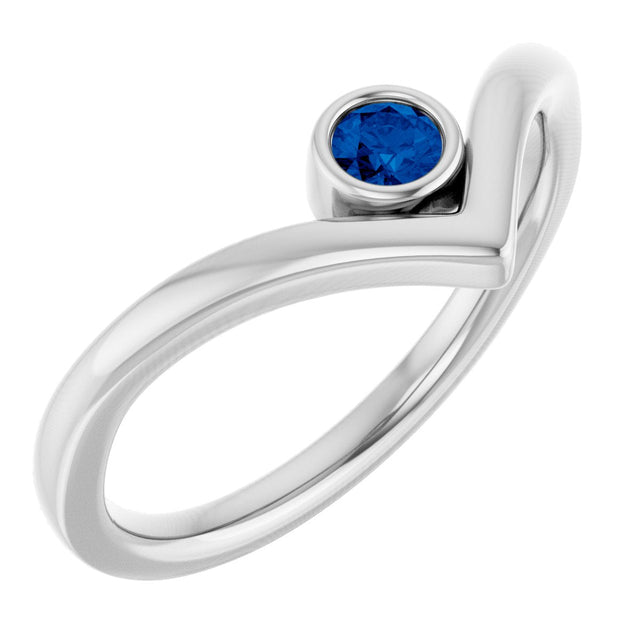 Platinum Round Lab-Grown Blue Sapphire Bezel-Set Solitaire V Ring