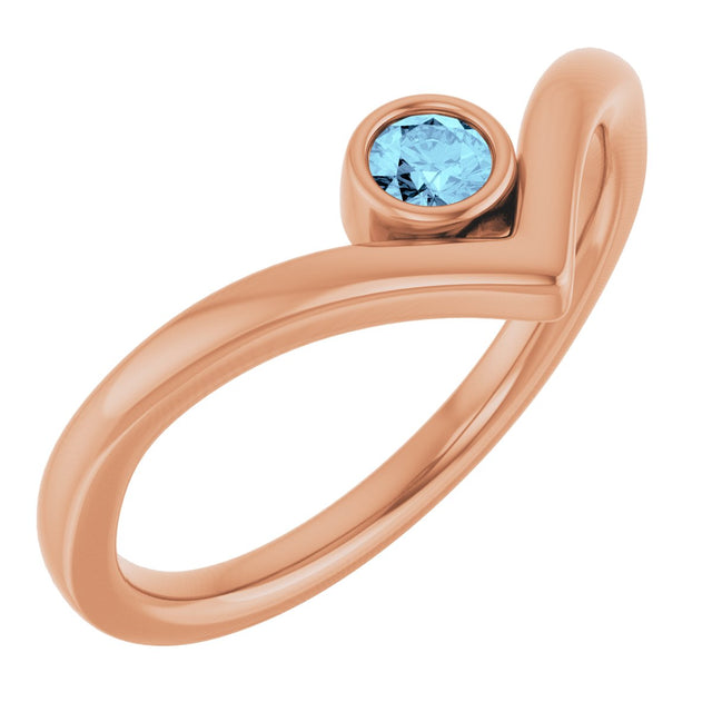 14K Gold Round Natural Aquamarine Bezel-Set Solitaire V Ring - Rose Gold