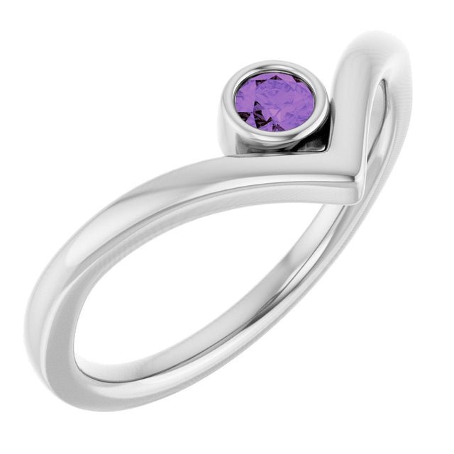 Platinum Round Natural Amethyst Bezel-Set Solitaire V Ring