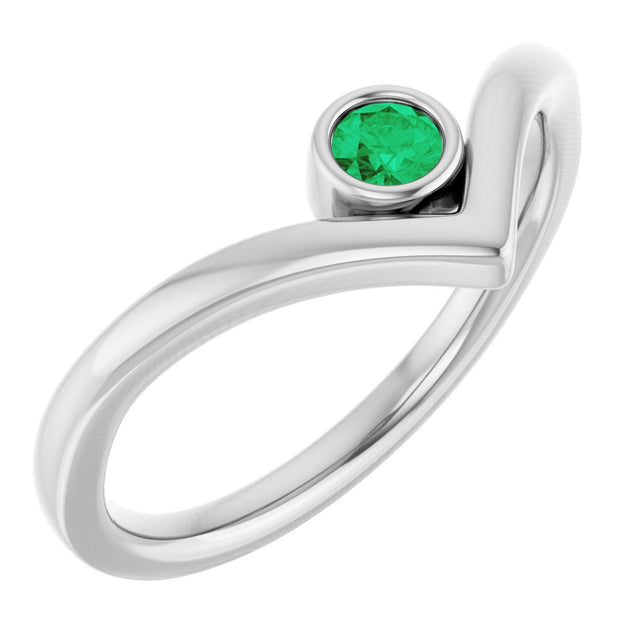 14K Gold Round Lab-Grown Emerald Bezel-Set Solitaire V Ring - White Gold