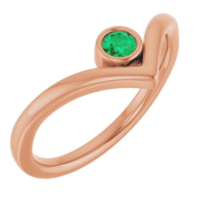 14K Gold Round Lab-Grown Emerald Bezel-Set Solitaire V Ring - Rose Gold