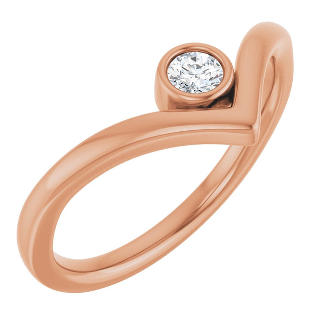 14K Gold Round Natural Diamond Bezel-Set Solitaire V Ring - Rose Gold