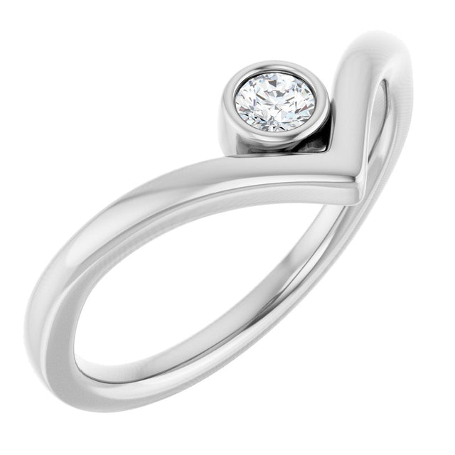 14K Gold Round Natural Diamond Bezel-Set Solitaire V Ring - White Gold