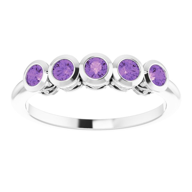 14K Gold Round Natural Amethyst Five-Stone Bezel-Set Ring - White Gold - view 3