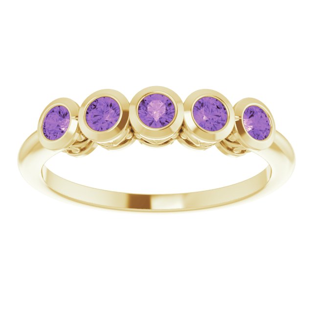 14K Gold Round Natural Amethyst Five-Stone Bezel-Set Ring - Yellow Gold - view 3