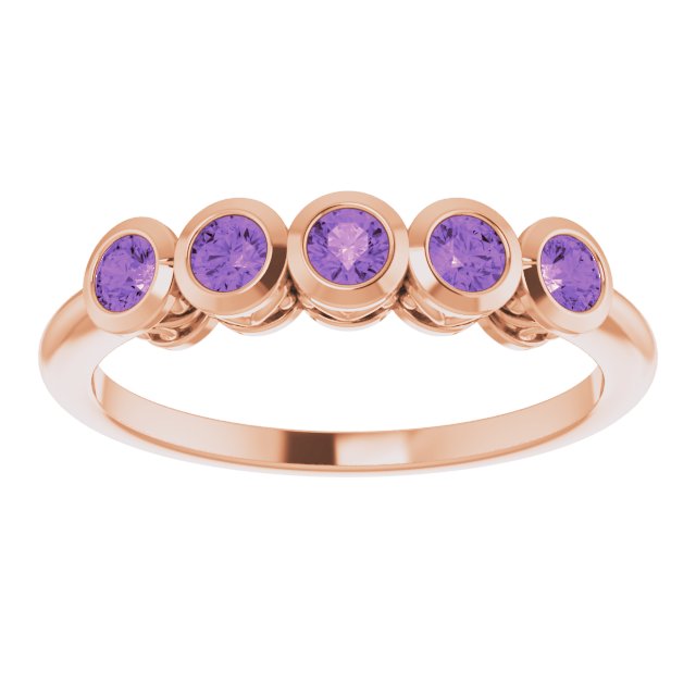 14K Gold Round Natural Amethyst Five-Stone Bezel-Set Ring - Rose Gold - view 3