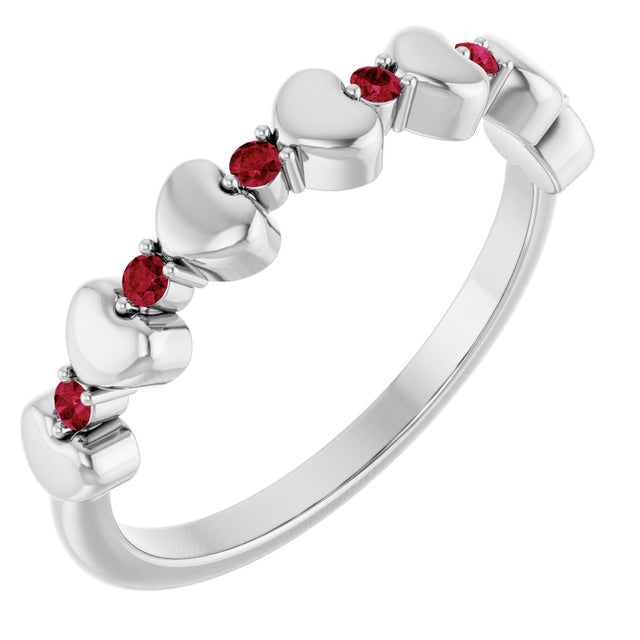 14K Gold Round Natural Ruby Accented Stackable Heart Ring - White Gold