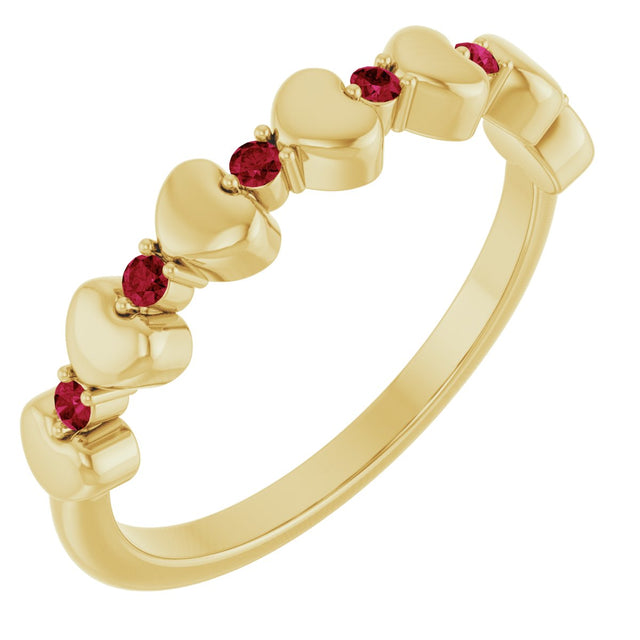 14K Gold Round Natural Ruby Accented Stackable Heart Ring - Yellow Gold