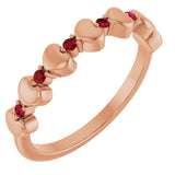 14K Gold Round Natural Ruby Accented Stackable Heart Ring - Rose Gold