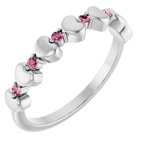 14K Gold Round Natural Pink Tourmaline Accented Stackable Heart Ring - White Gold