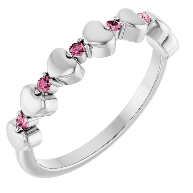 Platinum Round Natural Pink Tourmaline Accented Stackable Heart Ring