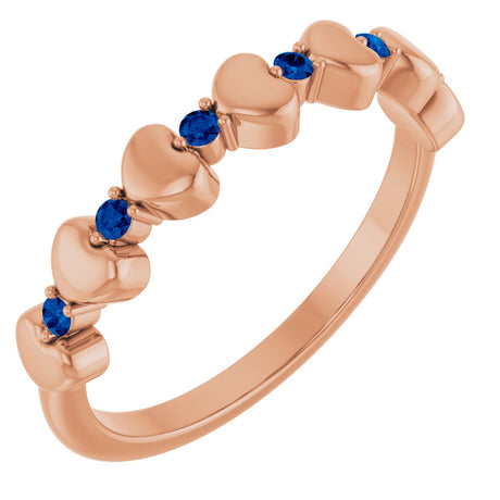 14K Gold Round Natural Blue Sapphire Accented Stackable Heart Ring - Rose Gold