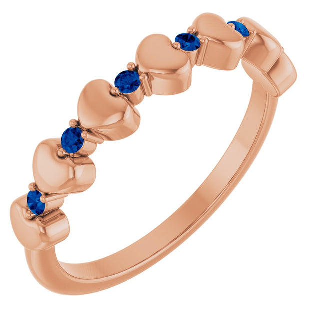 14K Gold Round Natural Blue Sapphire Accented Stackable Heart Ring - Rose Gold