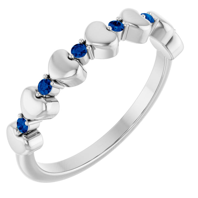 Platinum Round Natural Blue Sapphire Accented Stackable Heart Ring