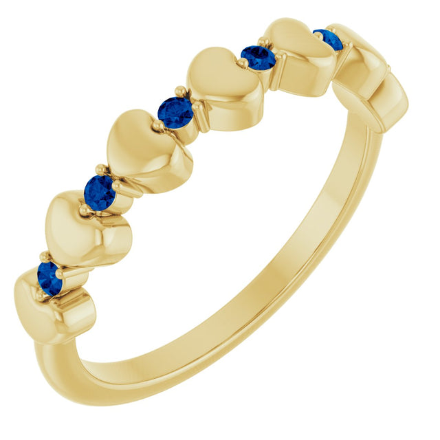 14K Gold Round Natural Blue Sapphire Accented Stackable Heart Ring - Yellow Gold