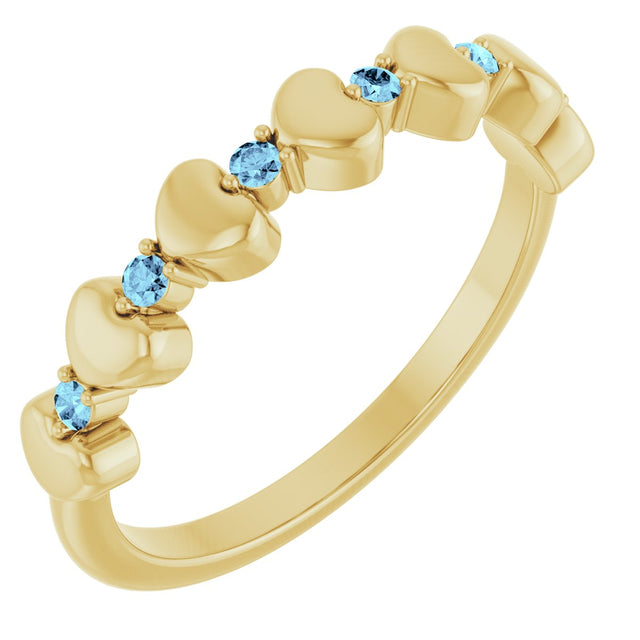 14K Gold Round Natural Aquamarine Accented Stackable Heart Ring - Yellow Gold