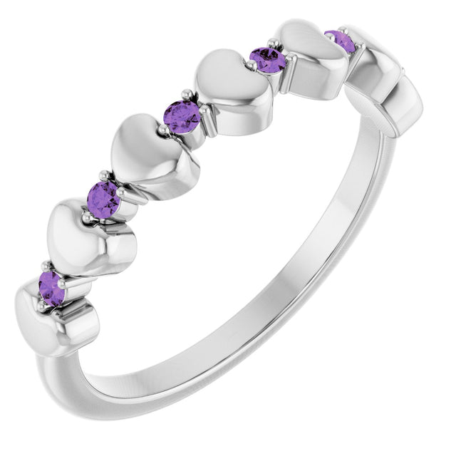 Platinum Round Natural Amethyst Accented Stackable Heart Ring