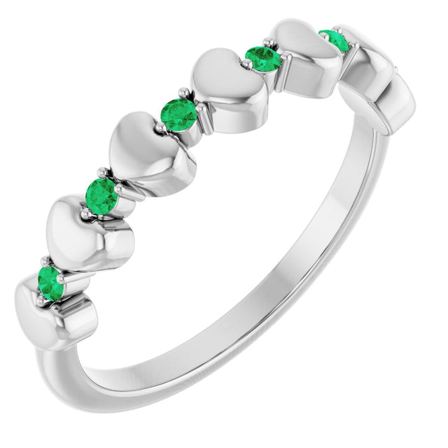 Platinum Round Natural Emerald Accented Stackable Heart Ring