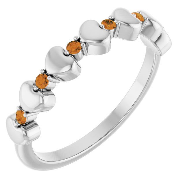 Platinum Round Natural Citrine Accented Stackable Heart Ring