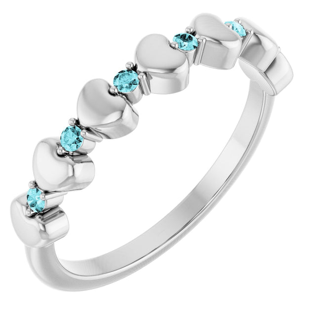 Platinum Round Natural Blue Zircon Accented Stackable Heart Ring