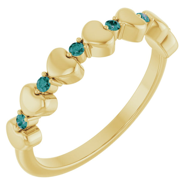14K Gold Round Natural Alexandrite Accented Stackable Heart Ring - Yellow Gold