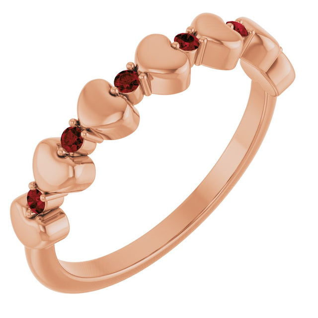 14K Gold Round Natural Mozambique Garnet Accented Stackable Heart Ring - Rose Gold