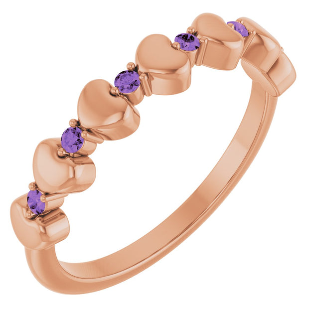 14K Gold Round Natural Amethyst Accented Stackable Heart Ring - Rose Gold