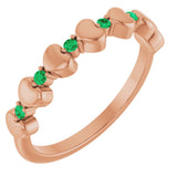 14K Gold Round Natural Emerald Accented Stackable Heart Ring - Rose Gold