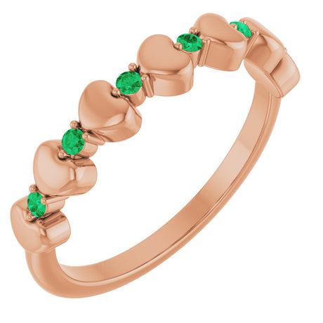 14K Gold Round Natural Emerald Accented Stackable Heart Ring - Rose Gold