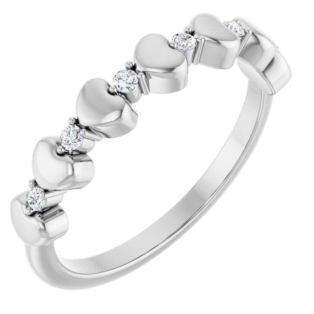 14K Gold Round Natural Diamond Accented Stackable Heart Ring - White Gold