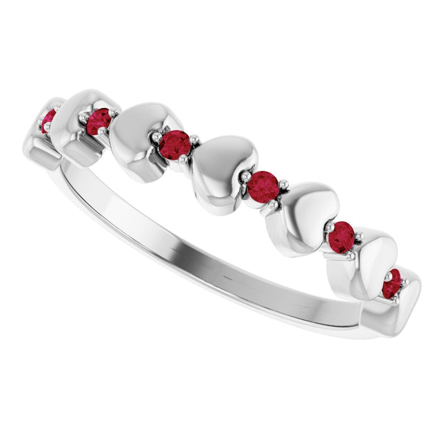 14K Gold Round Natural Ruby Accented Stackable Heart Ring - White Gold - view 5