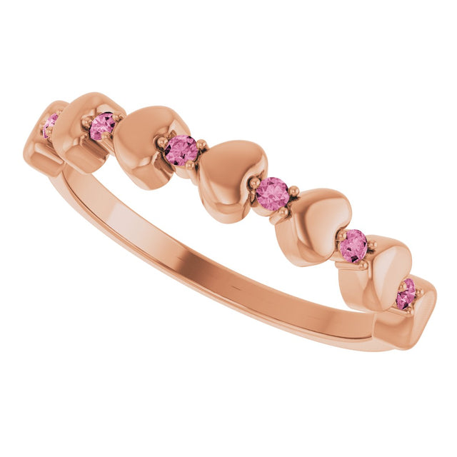 14K Gold Round Natural Pink Tourmaline Accented Stackable Heart Ring - Rose Gold - view 5