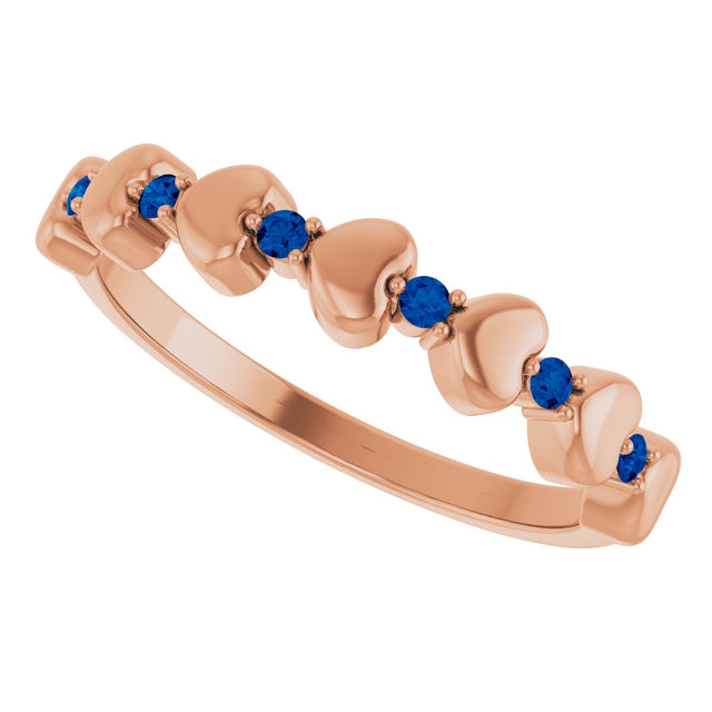 14K Gold Round Natural Blue Sapphire Accented Stackable Heart Ring - Rose Gold - view 5