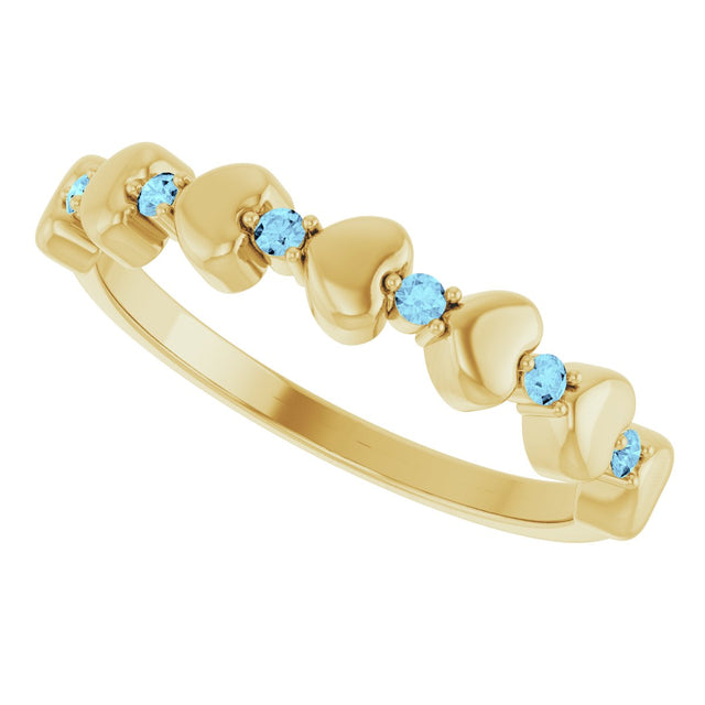 14K Gold Round Natural Aquamarine Accented Stackable Heart Ring - Yellow Gold - view 5
