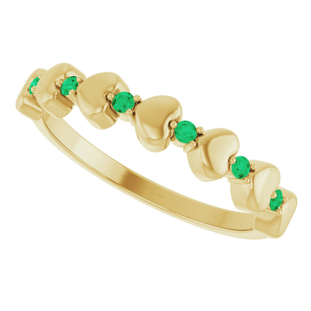14K Gold Round Natural Emerald Accented Stackable Heart Ring - Yellow Gold - view 5