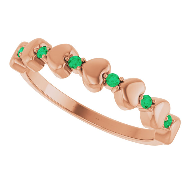 14K Gold Round Natural Emerald Accented Stackable Heart Ring - Rose Gold - view 5