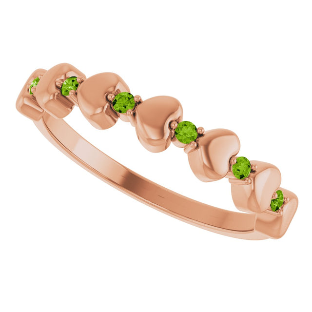 14K Gold Round Natural Peridot Accented Stackable Heart Ring - Rose Gold - view 5
