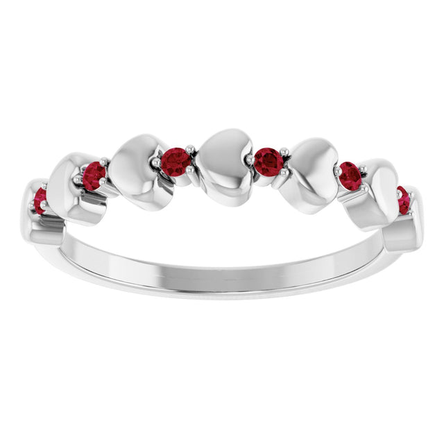 Platinum Round Natural Ruby Accented Stackable Heart Ring - view 3