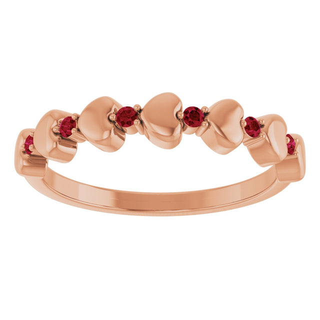 14K Gold Round Natural Ruby Accented Stackable Heart Ring - Rose Gold - view 3