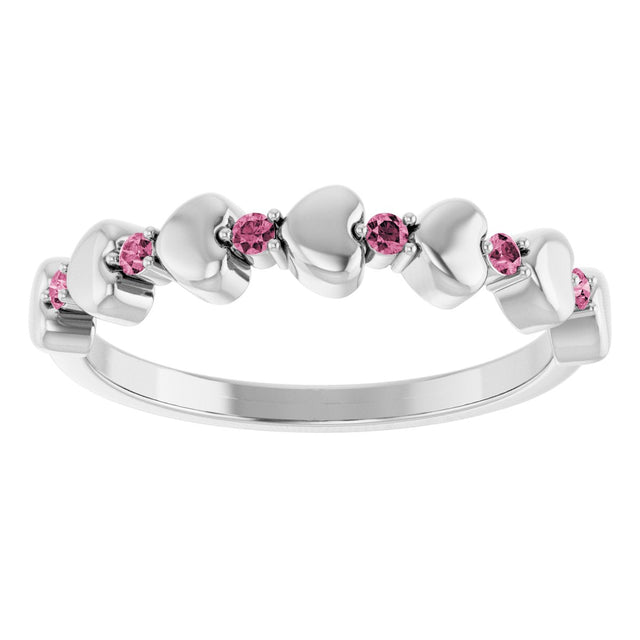 14K Gold Round Natural Pink Tourmaline Accented Stackable Heart Ring - White Gold - view 3