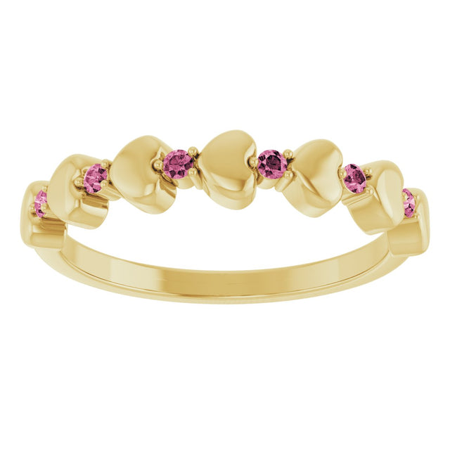14K Gold Round Natural Pink Tourmaline Accented Stackable Heart Ring - Yellow Gold - view 3
