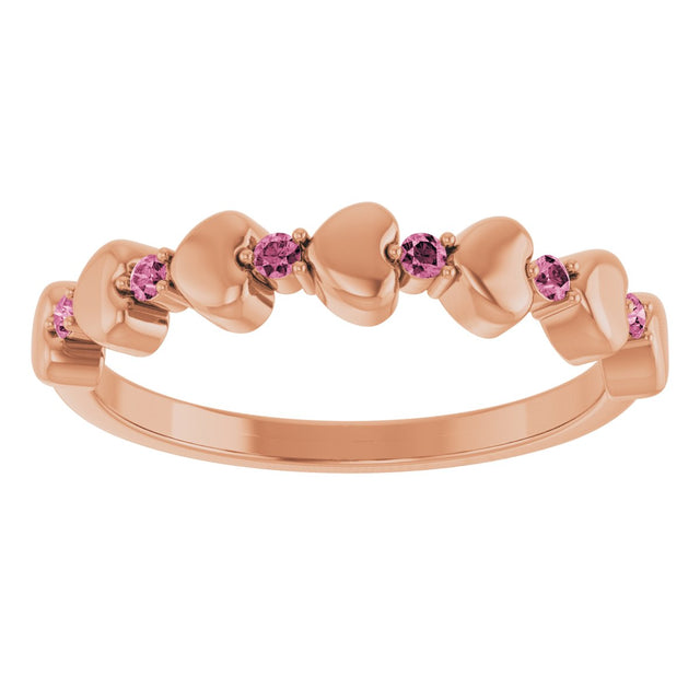 14K Gold Round Natural Pink Tourmaline Accented Stackable Heart Ring - Rose Gold - view 3