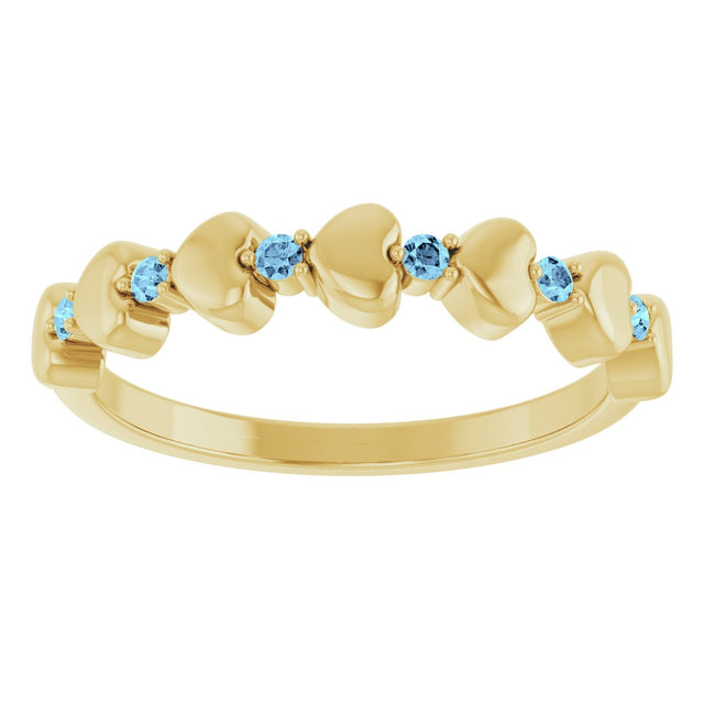 14K Gold Round Natural Aquamarine Accented Stackable Heart Ring - Yellow Gold - view 3