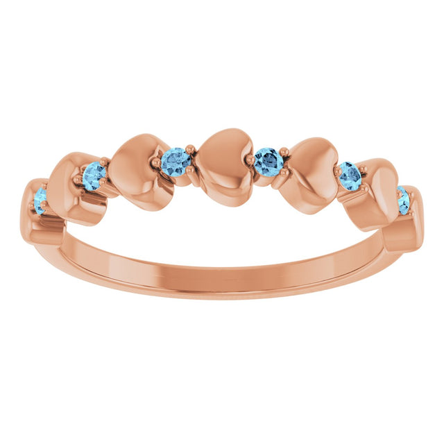 14K Gold Round Natural Aquamarine Accented Stackable Heart Ring - Rose Gold - view 3