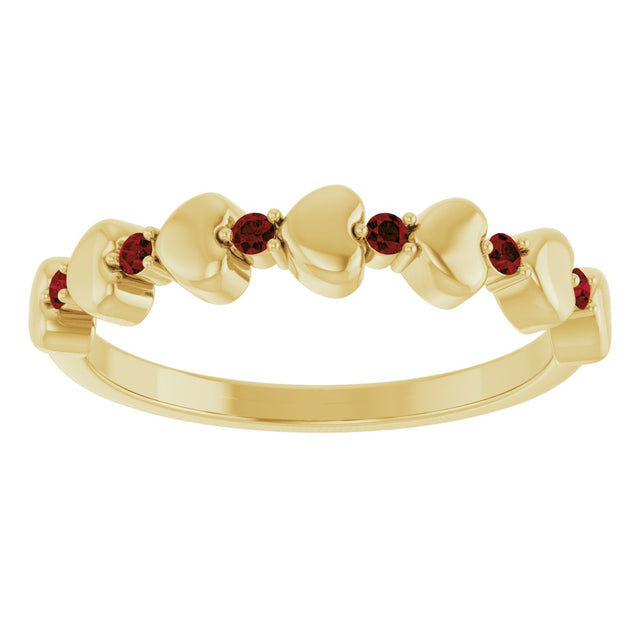 14K Gold Round Natural Mozambique Garnet Accented Stackable Heart Ring - Yellow Gold - view 3