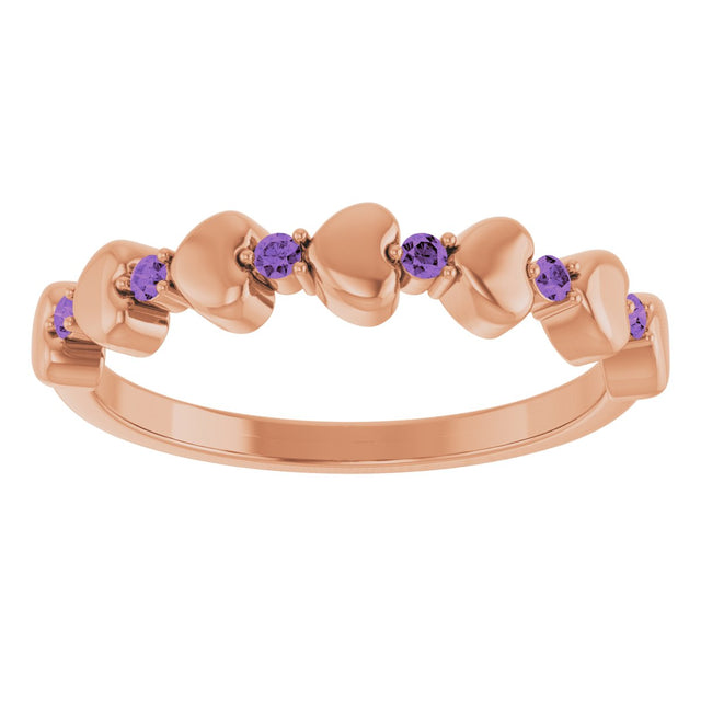 14K Gold Round Natural Amethyst Accented Stackable Heart Ring - Rose Gold - view 3