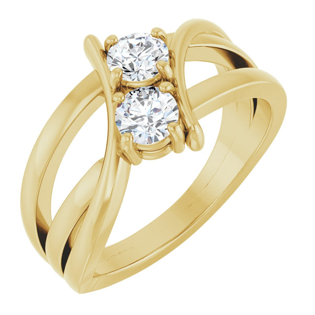 14K Gold Round Natural Diamond Two-Stone Ring - Yellow Gold
