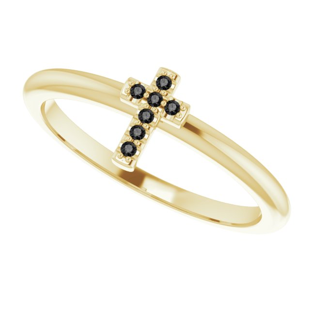 14K Gold Round Natural Black Diamond Accented Stackable Cross Ring - Yellow Gold - view 5