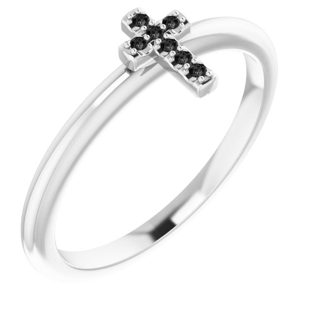 14K Gold Round Natural Black Diamond Accented Stackable Cross Ring - White Gold